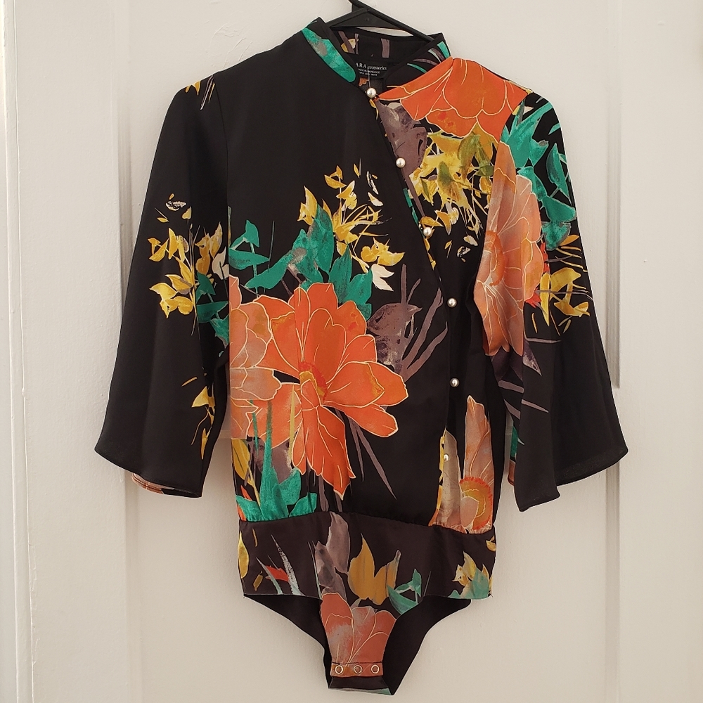 Zara Black Floral Bodysuit Small Top